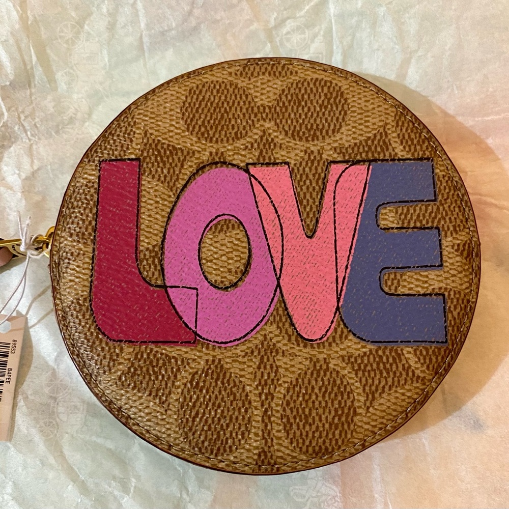 Coach Round Coin Case In Signature Canvas With Love Print. (Style No.89553)